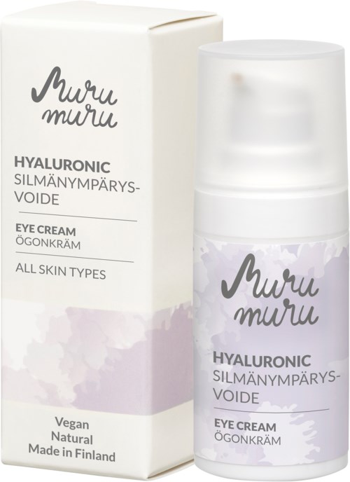 Hyaluronic eye cream in a bottle, with a box, designed for all skin types. Vegan and natural from Finland.