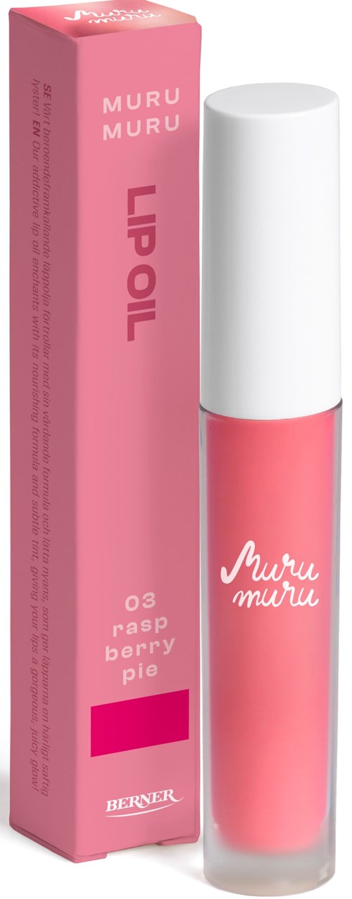 A pink lip gloss in a transparent tube with white cap, packaging and brand name visible.