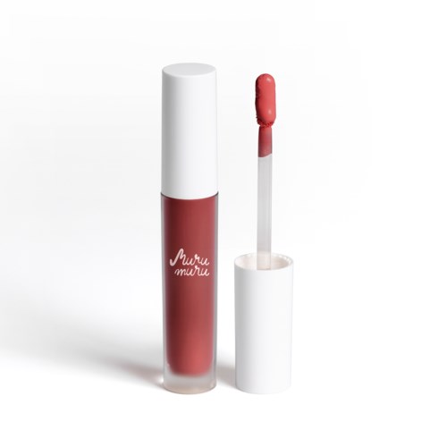 A lipstick in a clear tube with a white cap, the lipstick is pink with a drop on the applicator.