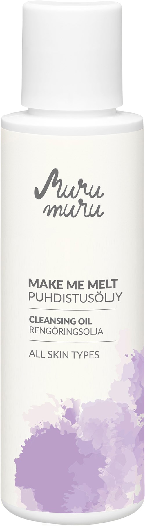 A white bottle of Muru Muru cleansing oil with purple paint splash design, suitable for all skin types.