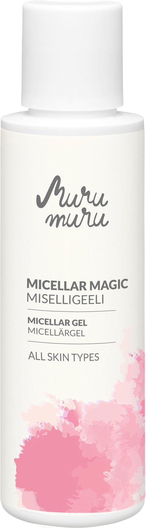 A white bottle of Muru Muru Micellar Gel with pink splash design, suitable for all skin types.