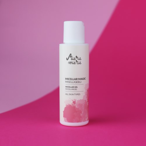 White bottle with pink watercolor splash, labeled Muru Muru Micellar Gel, on pink and purple background.
