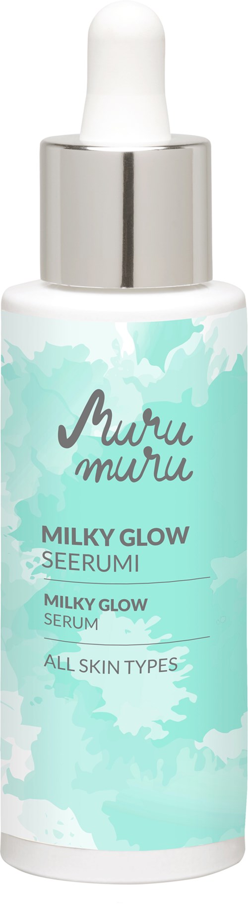 Butelka serum do pielęgnacji skóry z napisem 'Milky Glow Serum' dla wszystkich rodzajów skóry, z kroplomierzem.