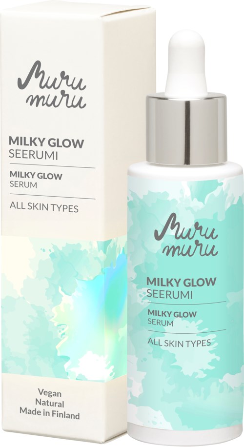 Butelka i pudełko z serum o nazwie 'Muru Muru Milky Glow Serum' do wszystkich rodzajów skóry. Wegańskie, naturalne, wyprodukowane w Finlandii.
