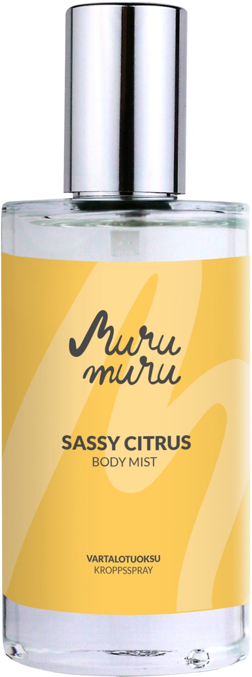 A clear body mist with a yellow label and silver cap, labeled 'Muru Muru Sassy Citrus'.