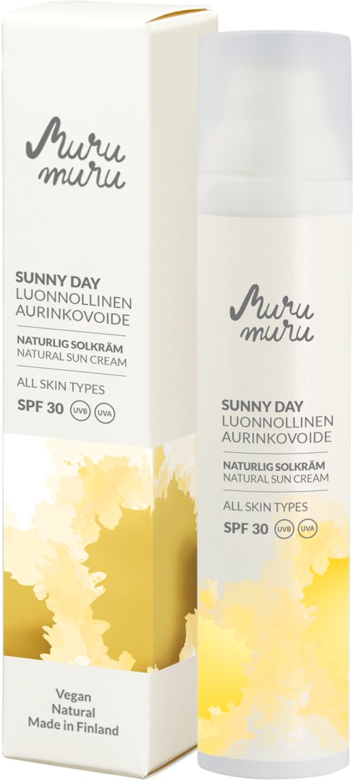 Aurinkovoide nimeltä Sunny Day valkoisessa pullossa, jossa on keltaisia pilviä ja SPF 30.