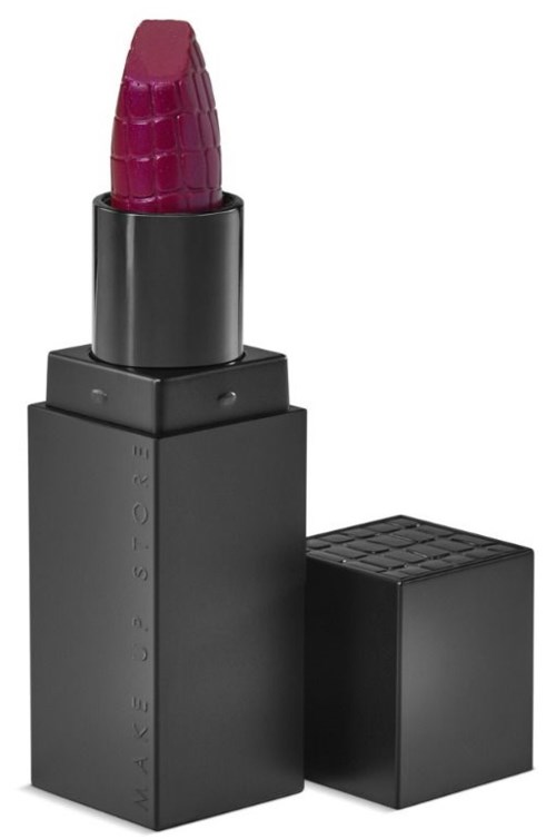 En svart leppestift med rosa farge i et svart etui med teksten 'MAKE UP STORE'.