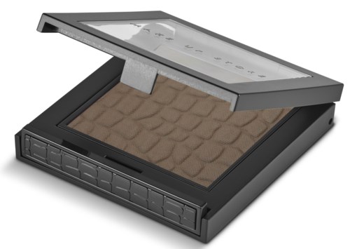 A black makeup palette with powder and a mirror, partially open showing textured powder inside.
