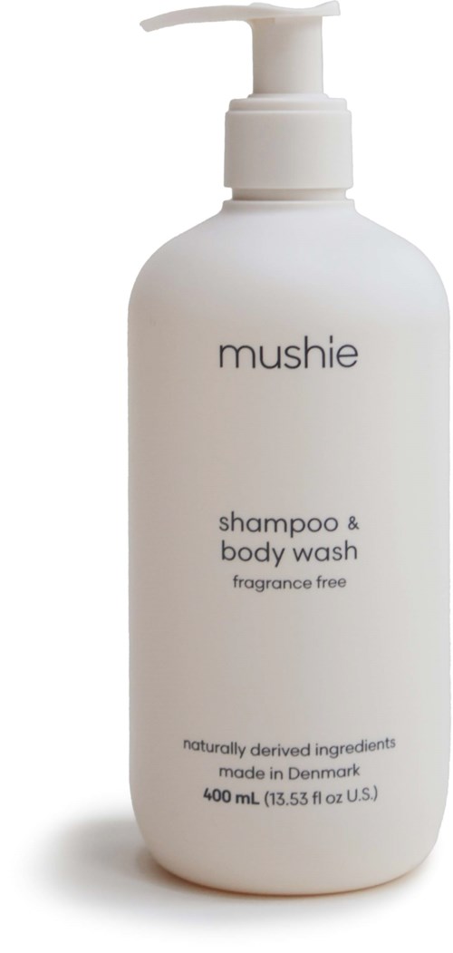 A white bottle with pump labeled 'mushie' for shampoo and body wash, fragrance free, from Denmark, 400 ml.