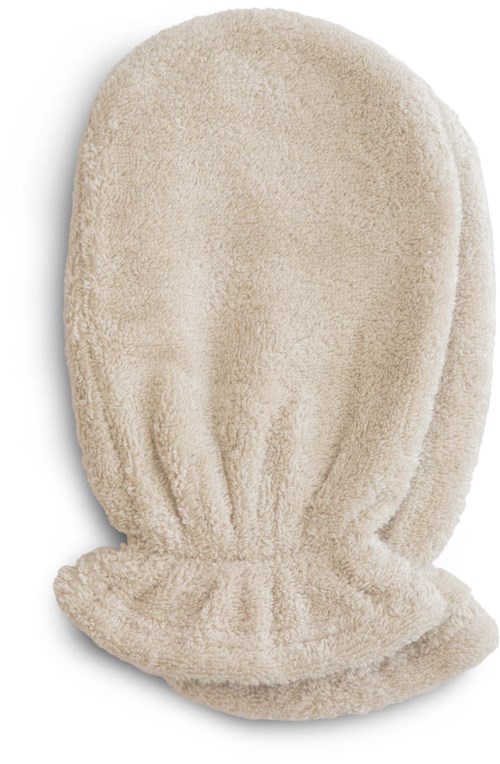 A soft, cream-colored oven mitt with a fabric cuff, used to handle hot items in the kitchen.