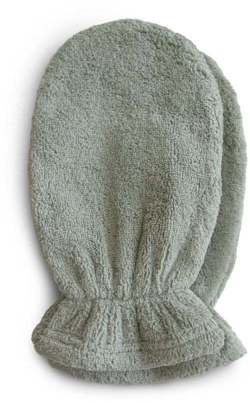 A soft, gray oven mitt with a textured surface and elastic wristband for heat protection.