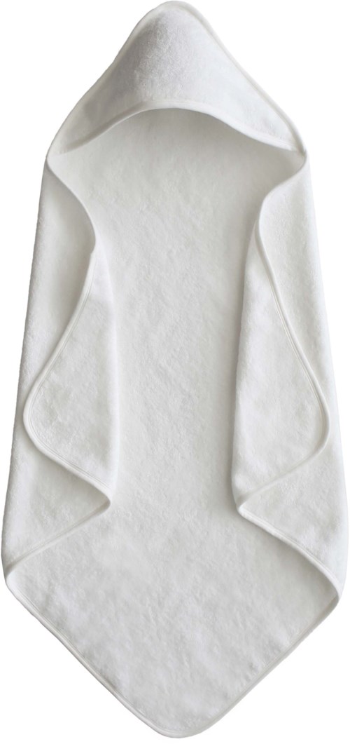 Vitt tyg med huva, draperad och vikta, liknar ett mysigt plagg eller babytvättlapp.