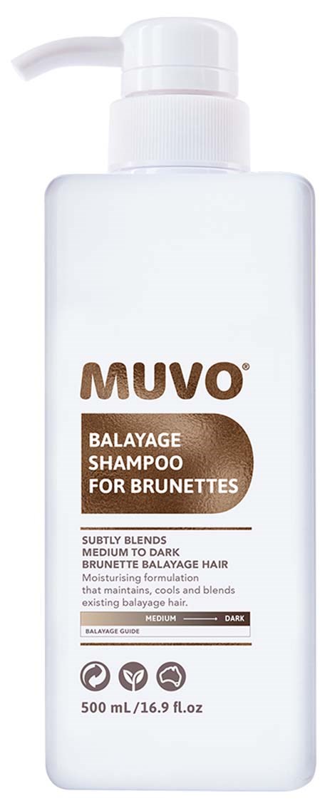 Biała butelka szamponu z pompką, oznaczona "MUVO Balayage Shampoo dla Brunetek," do włosów średnich do ciemnych.