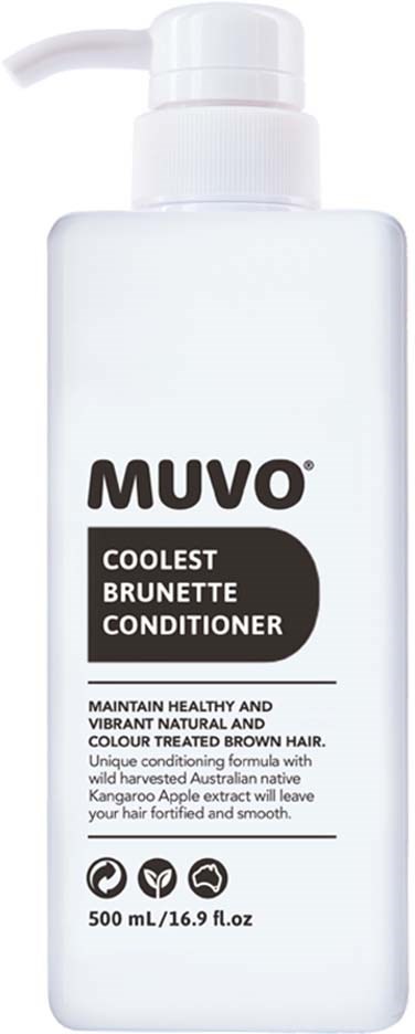 Biała butelka odżywki MUVO Brunette Conditioner z pompką, etykieta mówi, że utrzymuje zdrowe, pełne życia brązowe włosy.