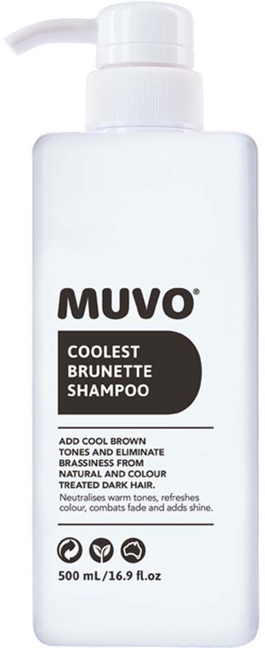 A white shampoo bottle with a pump displays the text 'MUVO COOLest BRUNETTE SHAMPOO' for hair color treatment.