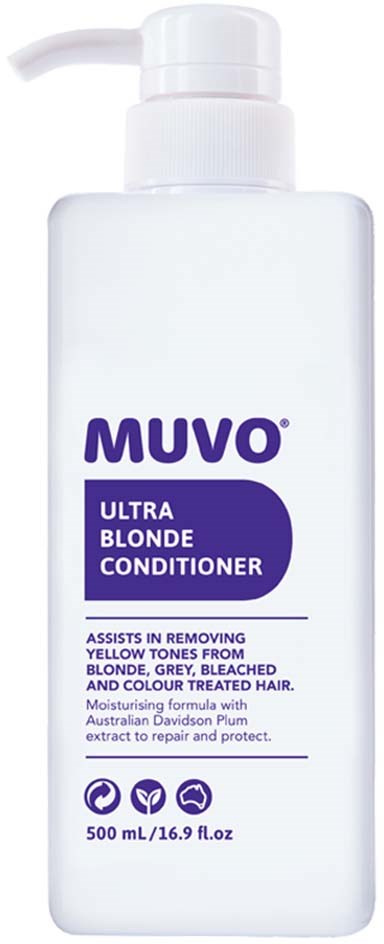 En vit flaska från MUVO Ultra Blond Conditioner med pump, etikett för hårvård.