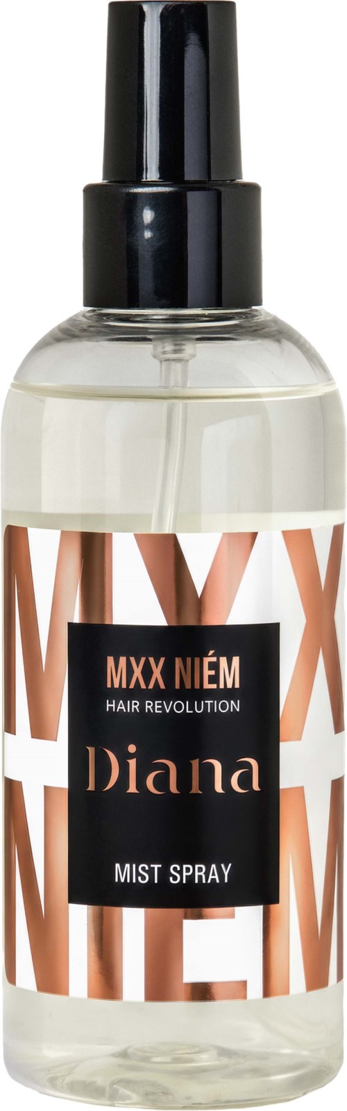 En genomskinlig sprayflaska med svart lock och etikett som säger MXN NEM hair revolution Diana mist spray.
