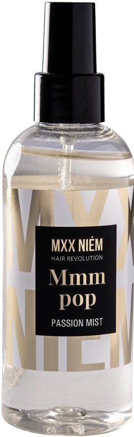 Klar flaske med sort sprayhætte, etiketten læser MXN IÉM Mmm pop passion mist til hår.
