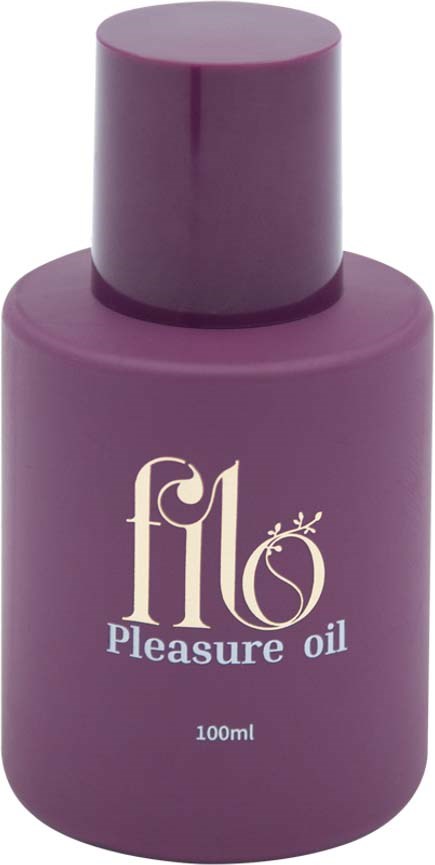 Fioletowa butelka z napisem 'Pleasure oil', 100ml pojemności. Prosty design z nakrętką.