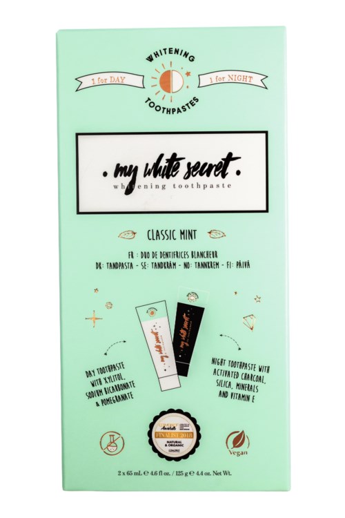 En mintgrønn eske for tannkrem, sier "my white secret" og "classic mint," med små illustrasjoner og tekst om bruk.