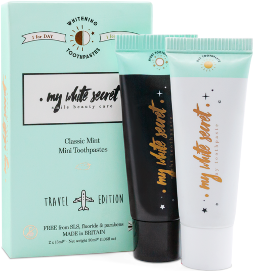 En mintgrön box och två tuber tandkräm, märkta 'My White Secret' och 'Classic Mint', för resa.