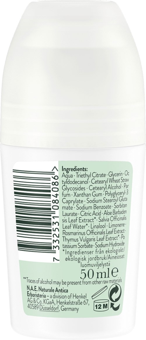 Baksiden av en hvit flaske med grønt merke viser ingredienser, strekkode og utløpsdato, inneholder 50 ml væske.