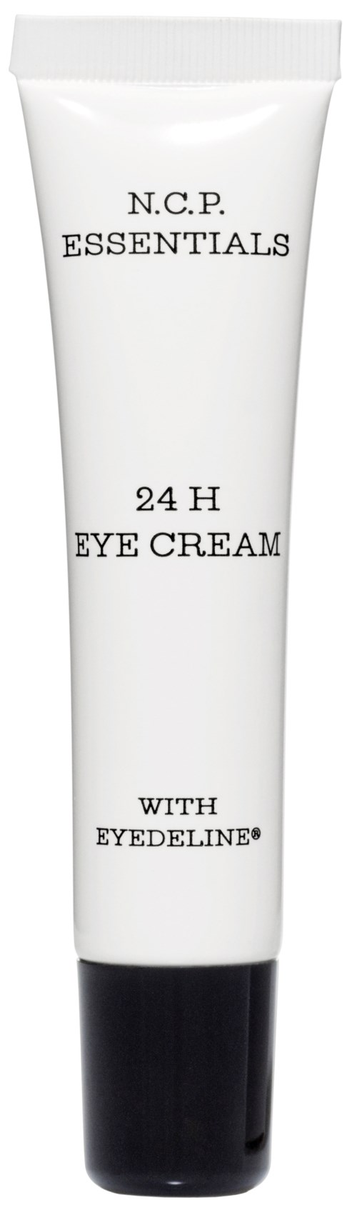 En hvit tube med svart lokket merket 'N.C.P. ESSENTIALS 24 H EYE CREAM WITH EYEDELINE' for øyebehandling.
