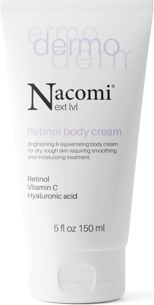 En vit tub med Nacomi Retinol Body Cream med nyckelingredienser listade på det.