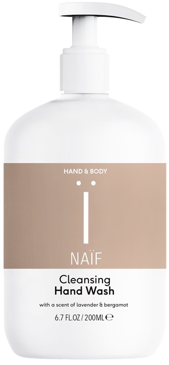 En vit flaska med pump märkt för hand och kropp, doftande av lavendel och bergamot, innehåller 200 ml rengöringshandtvål.