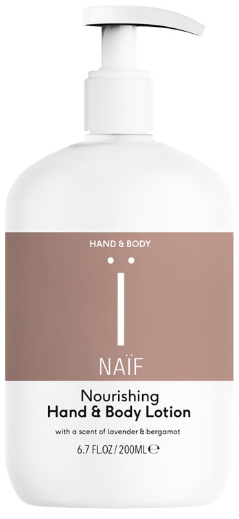 A white hand and body lotion bottle with a pump, label says nourishing with lavender and bergamot scent.
