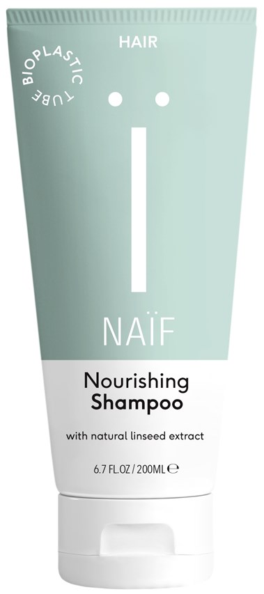 A nourishing shampoo packaging with a light green and white color scheme, emphasizing natural ingredients and hair care.