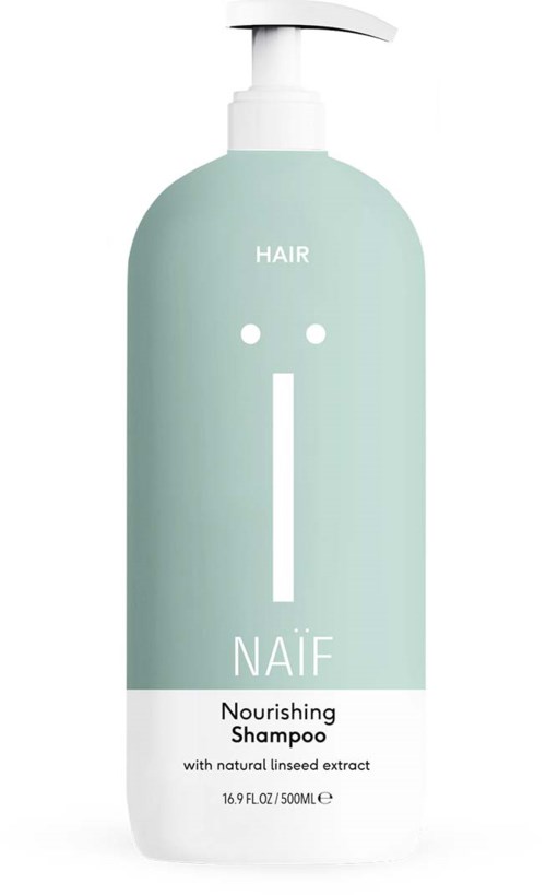 En let lysegrøn shampoo-flaske med pumpe, mærket 'Nourishing Shampoo' med naturlige ingredienser, til hår.