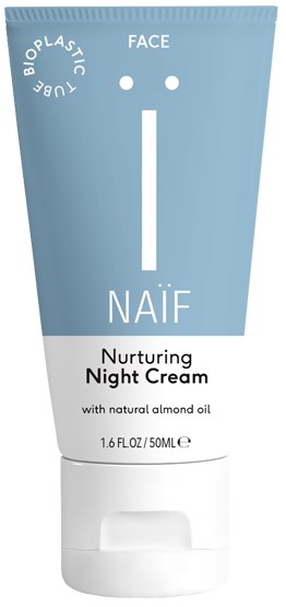 En blå och vit tub med text om näringsrik nattkräm och naturlig mandelolja.