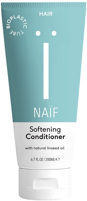 En tub med NAIF mjukgörande balsam med naturlig linfröolja, märkning för hårvård, 200 ml.