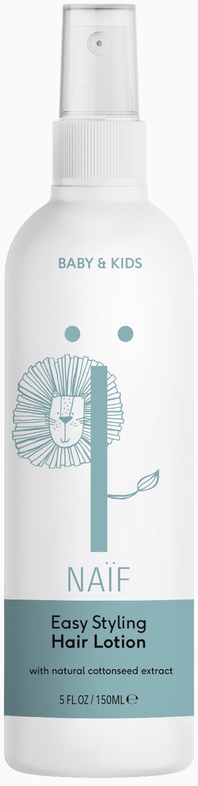 Valkoinen suihkepullo, jossa lukee 'Baby & Kids', leijonan kuva, luonnollisella uutteella hiusten muotoiluun. 150 ml.