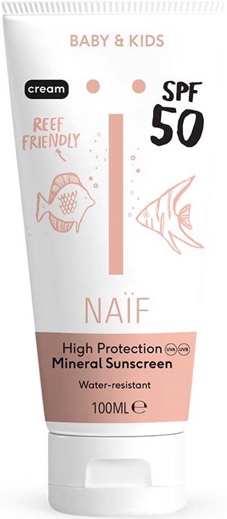 Detta är ett solskyddsmedel för bebisar och barn med SPF 50, vattenavvisande och reef-vänligt, med söta fiskillustrationer.