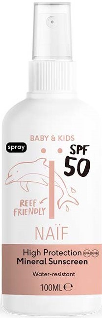 Valkoinen suihkepullo, merkattu vauvoille ja lapsille, tarjoaa korkeasuojainen mineraliravindus SPF 50 ja on suojelullinen koralliriutoille.