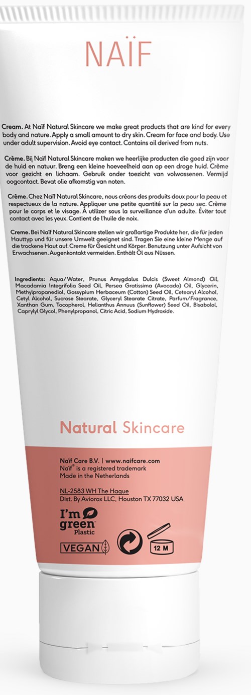 Putkilossa NAÏF Natural Skincare -krem, jossa on yksityiskohtainen ainesosaluettelo ja bränditiedot valkoisella ja vaaleanpunaisella taustalla.