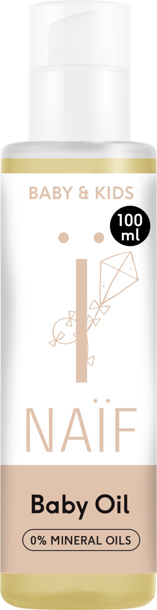 Lastenavaöljy 100 ml, hellä ja ilman mineraaliöljyjä, yksinkertainen muotoilu ja pehmeät värit.