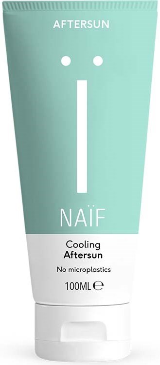 En mintgröna tub med märket 'AFTERSUN NAIF', med en enkel leende ansiktillustration och beskrivningar av kylande, inga mikroplaster, 100 ml.