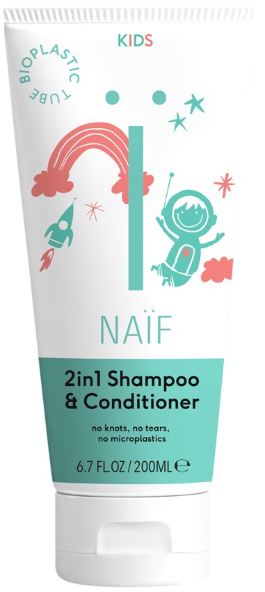 Lasten shampoo ja hoitoaine putkissa, joissa on värikkäitä piirroksia sateenkaaasta, tytöstä ja tähdistä, merkintä 'NAÏF 2in1 Shampoo & Conditioner.'