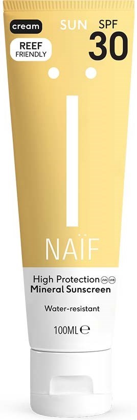 Keltainen ja valkoinen putkilö korkeasuojaisella mineraalins17}kre||}r  SPF 30, reef friendly, vesitiivis, 100ml.