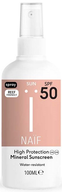 Valkoinen spraypullo mineraaliposkttarvkeksi SPF 50, vesitiivis, 100 ml, pumppuskurilla.
