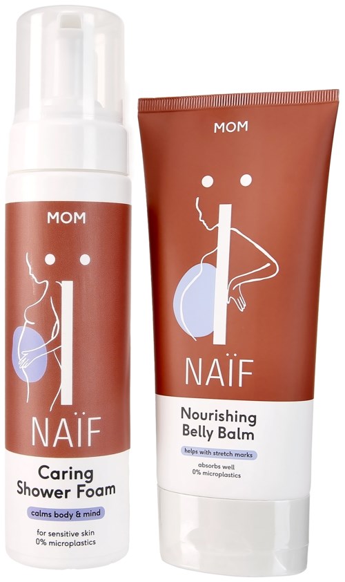 Kaksi ihonhoitotuotetta MOM:lta, toinen on Caring Shower Foam ja toinen Nourishing Belly Balm, molemmat ruskeassa pakkauksessa.