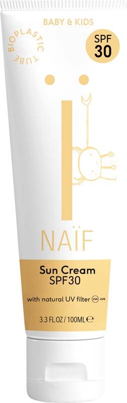 En vit tub med solkräm för barn med en söt djurillustration, SPF 30, innehåller 100 ml, med naturlig UV-filter.