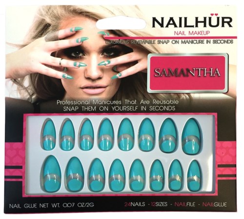 Förpackningen innehåller 24 blå nageltipun med en glänsande design, avsedda för snabba och återanvändbara manikyrer.