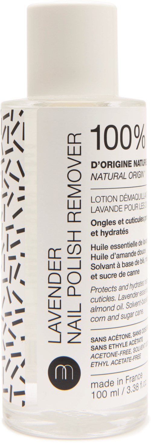 En vit flaska med svart och grå text, märkt som lavendelnagellacksborttagning, innehåller 100 ml, tillverkad i Frankrike.