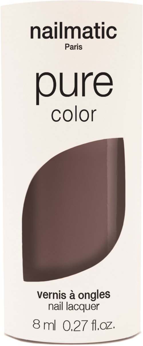 En nagellackflaska märkt 'Nailmatic Paris Pure Color' med synligt brunt nagellack.