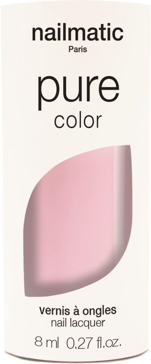 En nagellackflaska med rosa färg och vit bakgrund, märkt 'Nailmatic Paris pure color'.