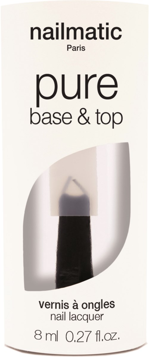 En nagellacksflaska med vit lock och etikett, visar märket 'nailmatic' och produktdetaljer.